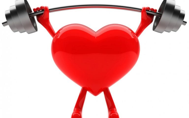 Cartoon heart with arms lifting a heavy barbell, symbolizing strong heart health