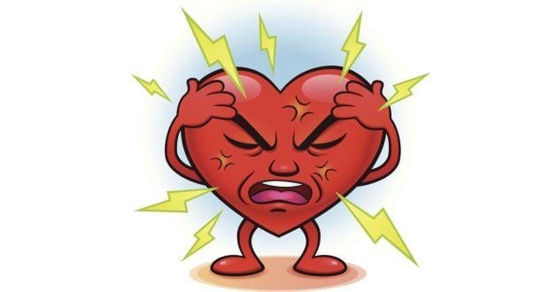 Cartoon heart character with an angry expression and lightning bolts, symbolizing stress or high blood pressure