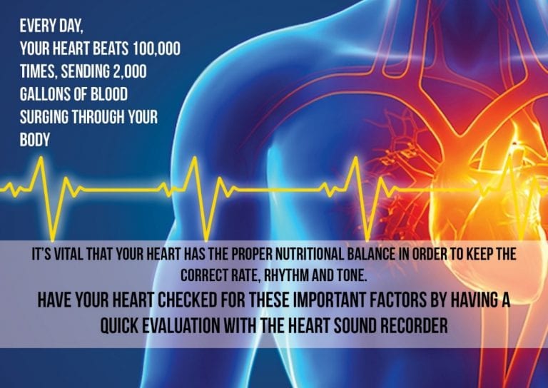 Medical illustration of the human heart and blood vessels with ECG line and text about heart rate and nutritional balance