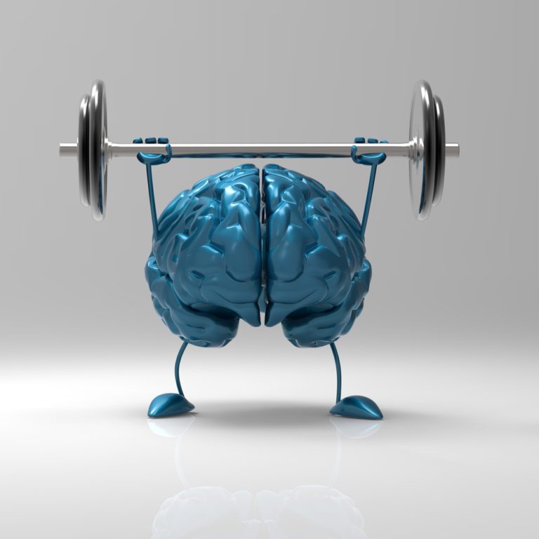 Cartoon brain with arms and legs lifting a barbell, representing brain health and cognitive strength