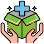 Hands holding a green box with a blue medical cross on top.