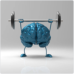 Cartoon blue brain with arms and legs lifting a barbell, symbolizing brain health and mental fitness.