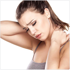 Woman holding her neck and shoulder, appearing to experience muscle pain or discomfort.