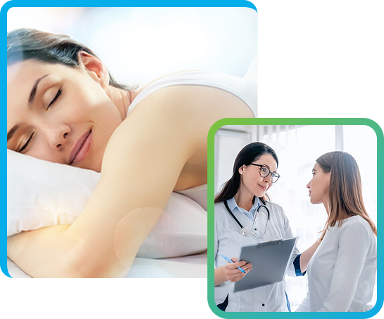 Female patient talks with a healthcare professional in a medical office during a wellness consultation.