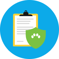 Clipboard with a document and a green shield featuring a white paw print, symbolizing protected or secure pet-related records.