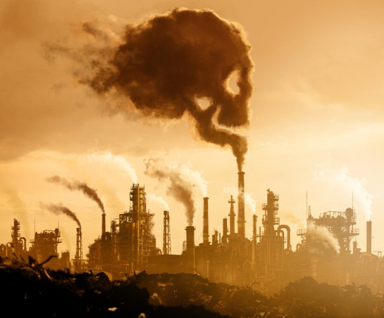Industrial smokestacks emit thick black smoke forming a skull shape in the sky, symbolizing the dangers of environmental toxicity